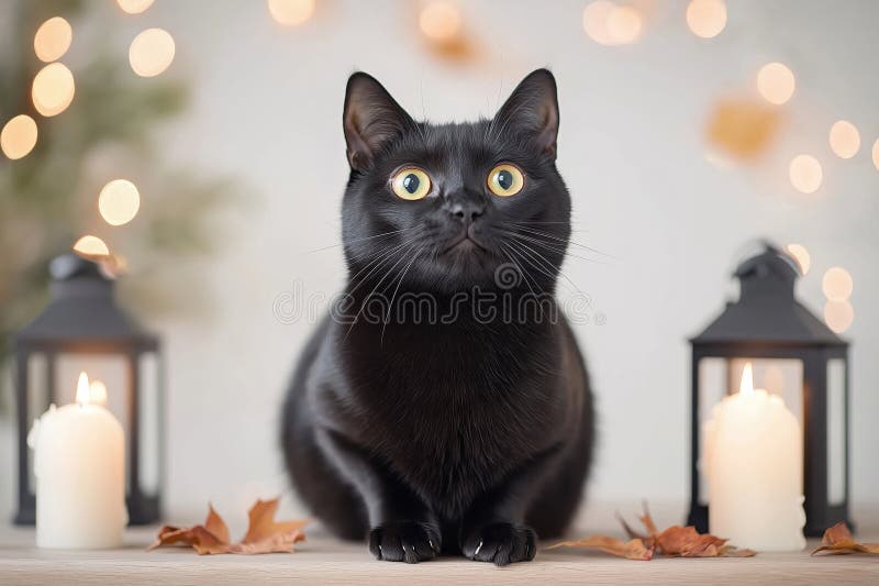 Le chat noir est assis au milieu d'une chandelle scintillante et de feuilles d'automne dans une scène enchanteresse et cosy illustration libre de droits