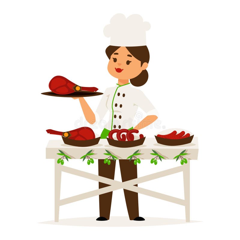 Le chef de cuisinière de femme présente l'illustration de restauration de vecteur de restaurant de luxe de jambon