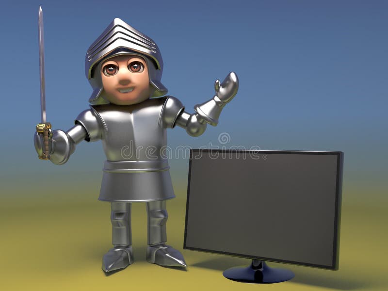 Frivolous medieval knight buys a new wide screen television monitor, 3d illustration render. Frivolous medieval knight buys a new wide screen television monitor, 3d illustration render