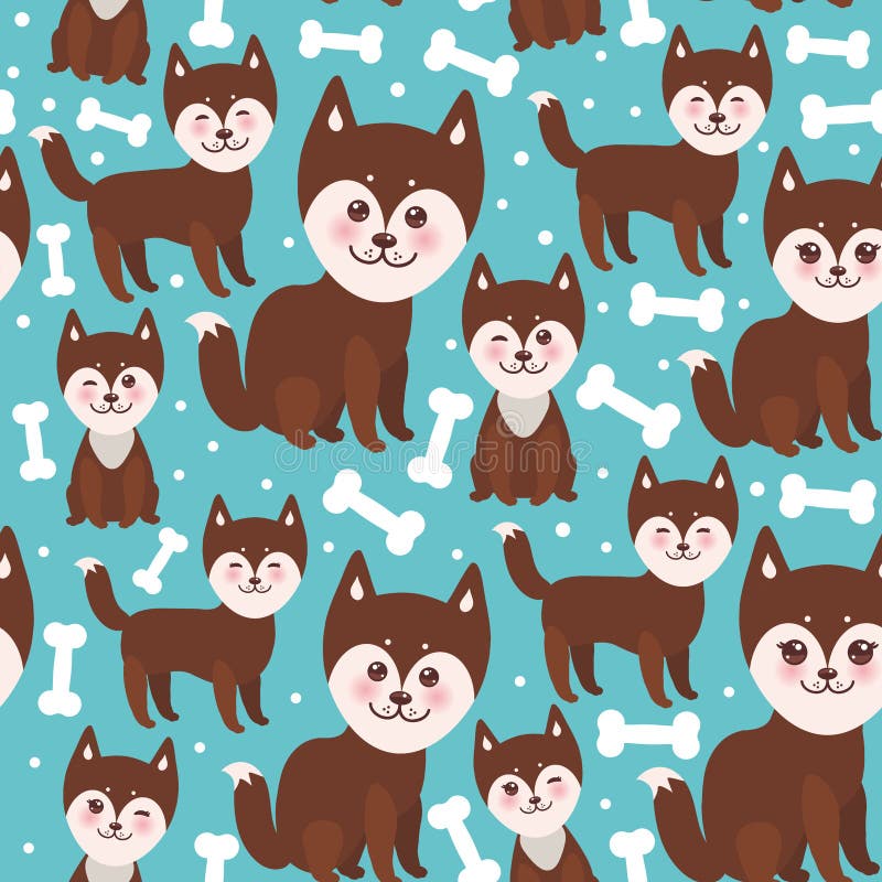 Le chien enroué brun drôle de modèle sans couture et les os blancs, Kawaii font face avec de grands yeux et joues, garçon et fill illustration stock Le chien enroué brun drôle de modèle sans couture et les os blancs, Kawaii font face avec de grands yeux et joues, garçon et fill illustration stock