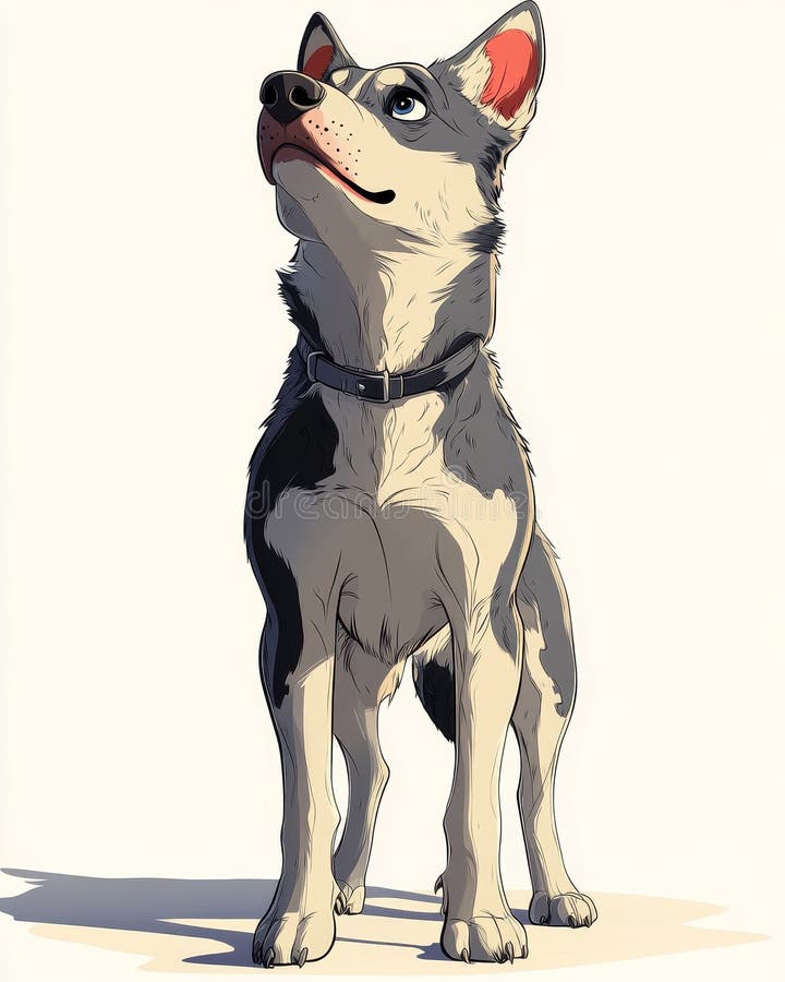 Le chien husky de l'Alaska est posé latéralement et présente ses yeux bleu vif, sa queue moelleuse et son caractère brun et noir photographie stock
