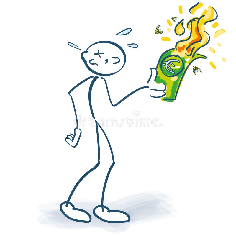 Stick figure burns all euros down. Stick figure burns all euros down