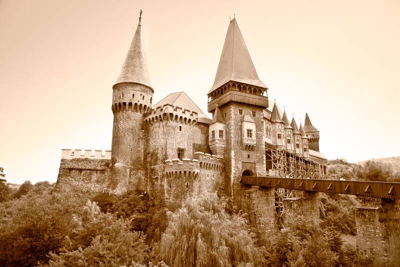 The Hunyad Castle. Medieval Gothic-Renaissance castle in Hunedoara (Transylvania). Castelul Huniazilor or Castelul Corvinestilor, Vajdahunyad, Romania. The Hunyad Castle is today museum. The Hunyad Castle. Medieval Gothic-Renaissance castle in Hunedoara (Transylvania). Castelul Huniazilor or Castelul Corvinestilor, Vajdahunyad, Romania. The Hunyad Castle is today museum.