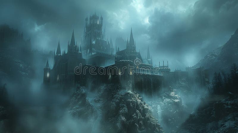 Le château sombre est noyé dans la brume. c'est un lieu de mystère et de danger. quels secrets détient-il? illustration stock