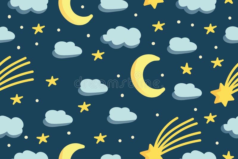 Le ciel nocturne mignon avec les étoiles jaunes musardent et les nuages. Modèle sans couture. Illustration tirée par la main moder illustration libre de droits