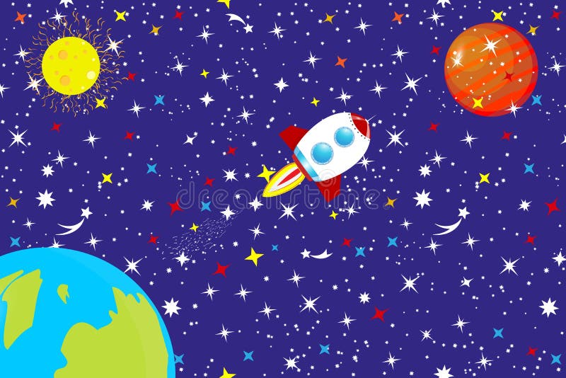 Le ciel étoilé de l'univers Un vaisseau spatial dans l'espace parmi les étoiles, la terre de planète et les étoiles vole à Mars F illustration libre de droits Le ciel étoilé de l'univers Un vaisseau spatial dans l'espace parmi les étoiles, la terre de planète et les étoiles vole à Mars F illustration libre de droits