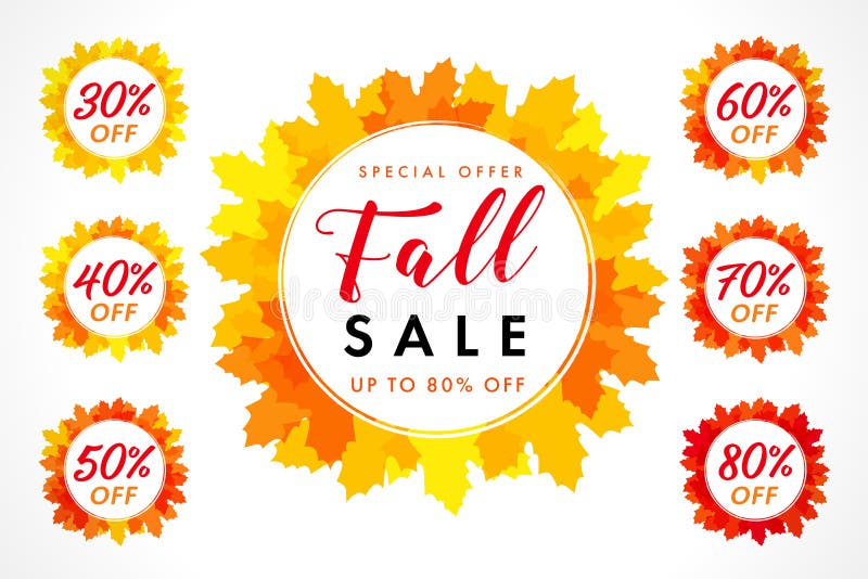 Bright coloured autumn sale digits with set of percent % off, buy just now in yellow maple leaves. Abstract isolated graphic label template. Decorating celebrating festival poster or fall price emblem. Bright coloured autumn sale digits with set of percent % off, buy just now in yellow maple leaves. Abstract isolated graphic label template. Decorating celebrating festival poster or fall price emblem