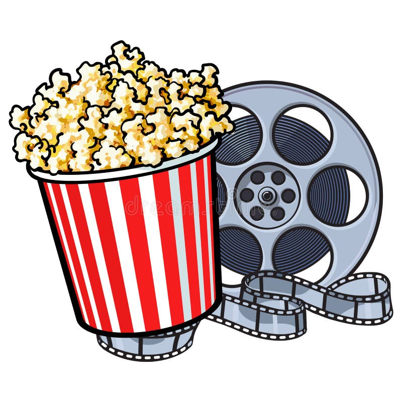 Le cinéma objecte - le seau de maïs éclaté et la rétro bobine de film de style illustration de vecteur Le cinéma objecte - le seau de maïs éclaté et la rétro bobine de film de style illustration de vecteur