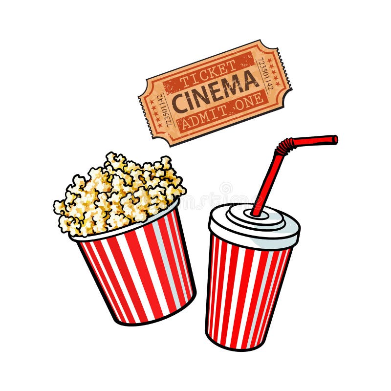 Le cinéma objecte - le seau de maïs éclaté, l'eau de seltz et le rétro billet de style illustration de vecteur Le cinéma objecte - le seau de maïs éclaté, l'eau de seltz et le rétro billet de style illustration de vecteur