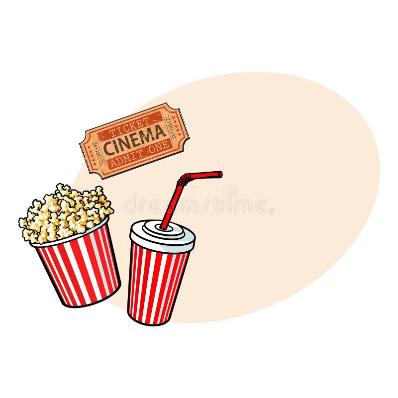 Le cinéma objecte - le seau de maïs éclaté, l'eau de seltz et le rétro billet de style illustration de vecteur Le cinéma objecte - le seau de maïs éclaté, l'eau de seltz et le rétro billet de style illustration de vecteur