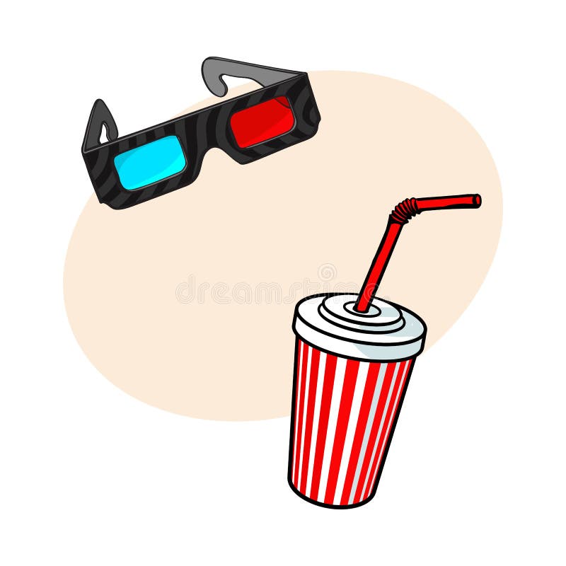 Le cinéma objecte - les verres 3d et l'eau de seltz dans la tasse de papier illustration stock Le cinéma objecte - les verres 3d et l'eau de seltz dans la tasse de papier illustration stock