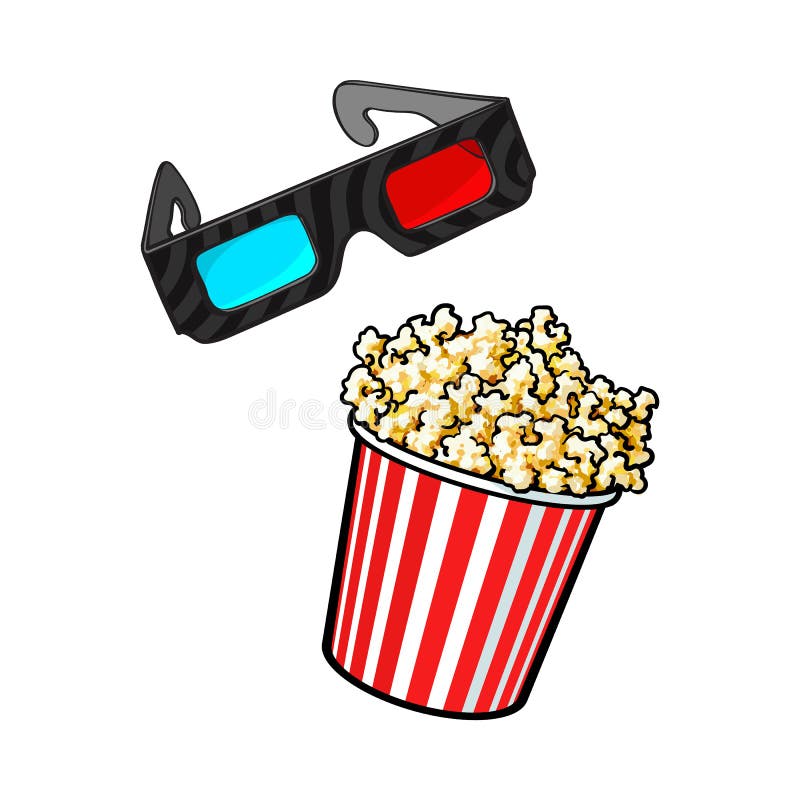 Le cinéma objecte - maïs éclaté et 3d, verres stéréoscopiques illustration stock Le cinéma objecte - maïs éclaté et 3d, verres stéréoscopiques illustration stock