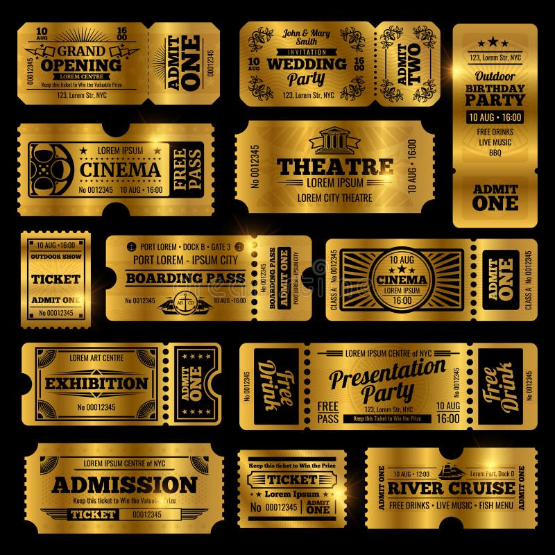 Le cirque, la partie et le cinéma dirigent des calibres de billets d'admission de vintage Billets d'or d'isolement sur le fond no illustration libre de droits Le cirque, la partie et le cinéma dirigent des calibres de billets d'admission de vintage Billets d'or d'isolement sur le fond no illustration libre de droits