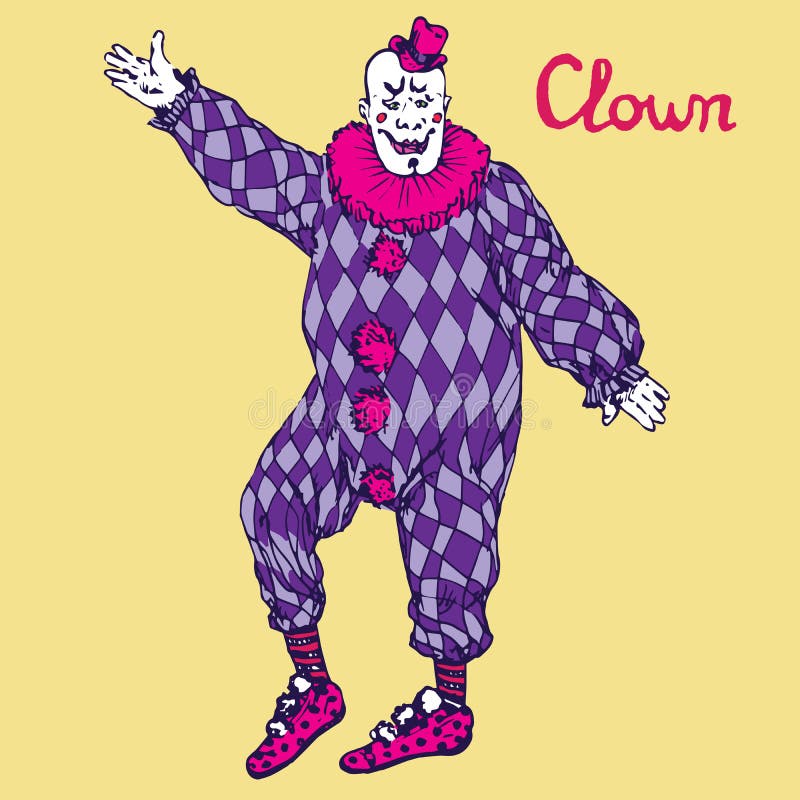 Le clown se tient dans le costume à carreaux pourpre illustration libre de droits Le clown se tient dans le costume à carreaux pourpre illustration libre de droits