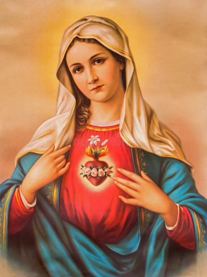 Le coeur de Vierge Marie L'image catholique typique a imprimé en Allemagne de la fin de 19 cent à l'origine par le peintre inconn images stock Le coeur de Vierge Marie L'image catholique typique a imprimé en Allemagne de la fin de 19 cent à l'origine par le peintre inconn images stock