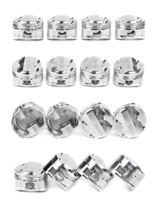 Le collage d'un ensemble de quatre a poli les pistons forgés par chrome images stock Le collage d'un ensemble de quatre a poli les pistons forgés par chrome images stock