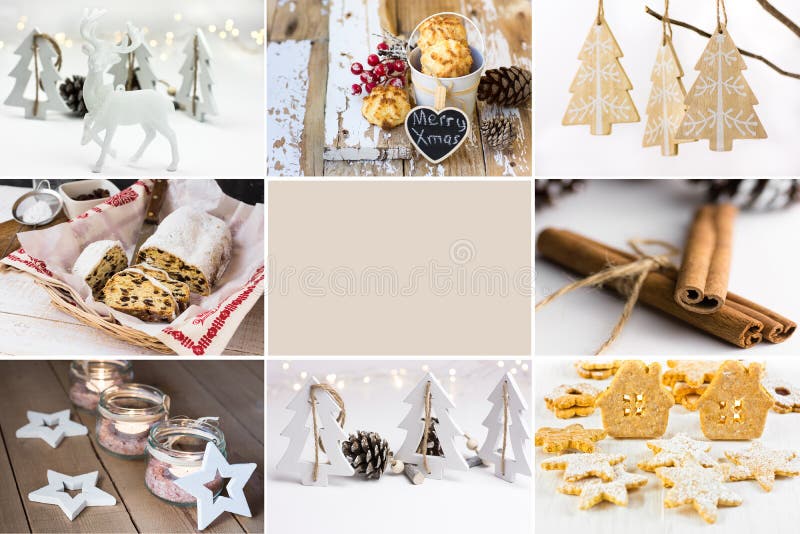Le collage de photo, ornements de Noël blanc, cuisson, biscuits, stollen, des bougeoirs de pot, cannelle, sapins en bois, renne photos libres de droits Le collage de photo, ornements de Noël blanc, cuisson, biscuits, stollen, des bougeoirs de pot, cannelle, sapins en bois, renne photos libres de droits