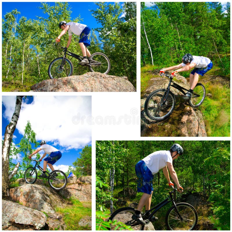 Le collage de quatre photos font du vélo des tours extrêmes image stock Le collage de quatre photos font du vélo des tours extrêmes image stock