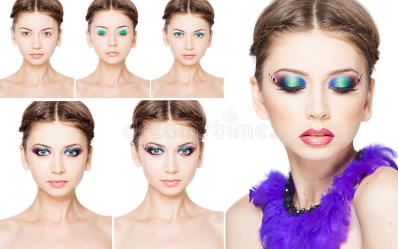 Le collage du maquillage fait un pas sur le beau modèle d'isolement sur le blanc images libres de droits Le collage du maquillage fait un pas sur le beau modèle d'isolement sur le blanc images libres de droits