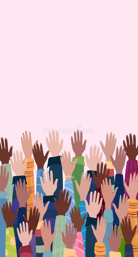 Hands raised up, different people from different ethnic groups. Vector illustration. The concept of diversity. Raised hands of different skin colors. Hands raised up, different people from different ethnic groups. Vector illustration. The concept of diversity. Raised hands of different skin colors