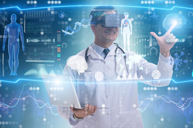 Le concept de télémédecine avec les verres de port de vr de docteur image stock Le concept de télémédecine avec les verres de port de vr de docteur image stock