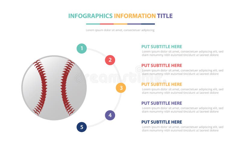 Le concept infographic de calibre de base-ball avec cinq points énumèrent et diverse couleur avec le fond blanc moderne propre - illustration de vecteur Le concept infographic de calibre de base-ball avec cinq points énumèrent et diverse couleur avec le fond blanc moderne propre - illustration de vecteur