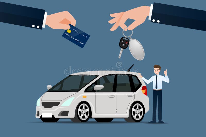 Le concessionnaire automobile font un ?change, la vente, loyer entre une voiture et la carte de cr?dit du client illustration libre de droits Le concessionnaire automobile font un ?change, la vente, loyer entre une voiture et la carte de cr?dit du client illustration libre de droits