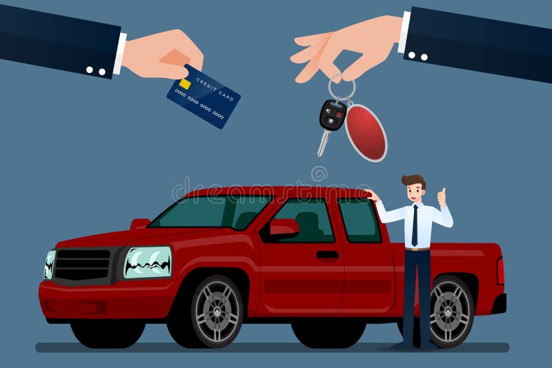 Le concessionnaire automobile font un échange, la vente, loyer entre une voiture et la carte de crédit du client illustration libre de droits Le concessionnaire automobile font un échange, la vente, loyer entre une voiture et la carte de crédit du client illustration libre de droits