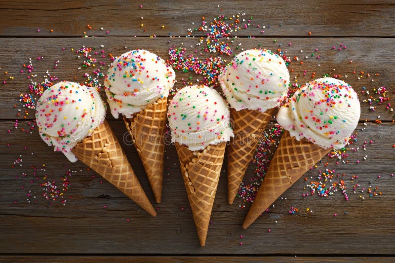 Le coni di gelato di colore chiaro poggiano su un rustico tavolo di legno circondato da una spruzzata di tegami colorati. Questo immagine stock