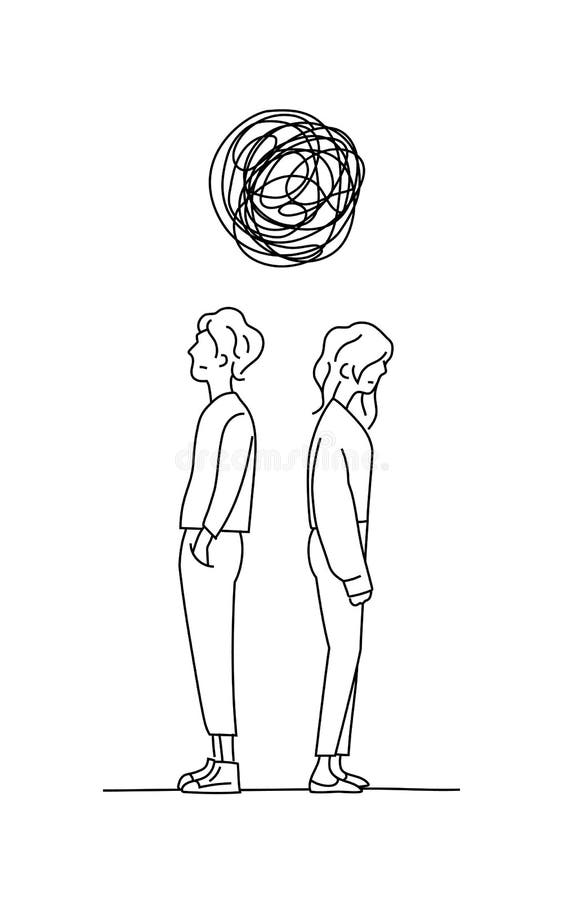 Le coppie pensano l'illustrazione complicata di vettore del disegno di scarabocchio di problema di relazione l'uomo e la ragazza