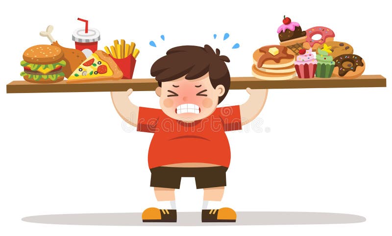 Le corps malsain de garçon de manger de la nourriture industrielle illustration stock Le corps malsain de garçon de manger de la nourriture industrielle illustration stock