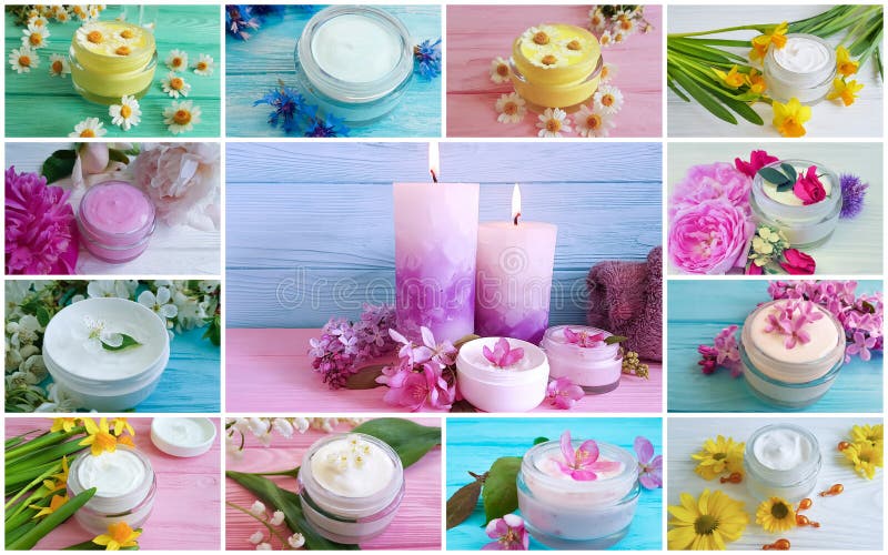 Le cosmétique crème fleurit le collage photo stock Le cosmétique crème fleurit le collage photo stock