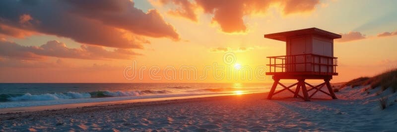 Le coucher de soleil jette de longues ombres sur une plage de maître-nageur sable texturé de sable extérieur photo illustration libre de droits