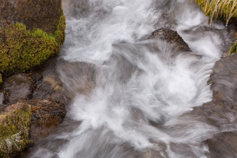 Le courant de précipitation avec les rochers et la glace moussus a couvert l'herbe s'élevant sur les bords photos libres de droits Le courant de précipitation avec les rochers et la glace moussus a couvert l'herbe s'élevant sur les bords photos libres de droits