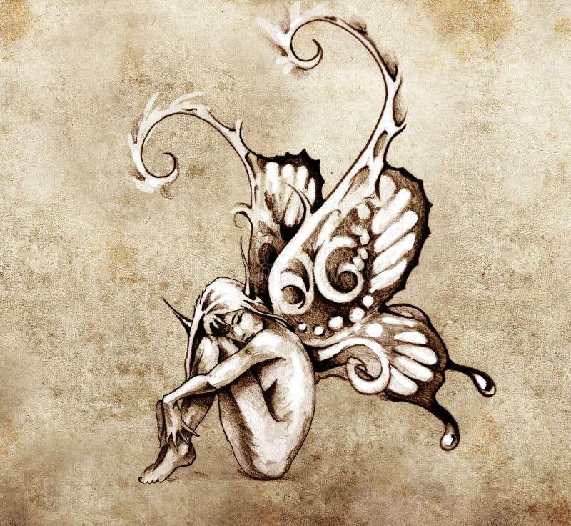 Le croquis de l'art de tatouage, fée avec le guindineau s'envole illustration de vecteur Le croquis de l'art de tatouage, fée avec le guindineau s'envole illustration de vecteur