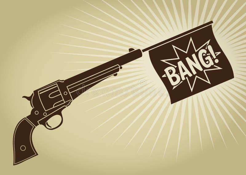 Drapeau Bang Rouge Sortant Du Pistolet Moderne Sur Un Fond Blanc. Rendu 3d