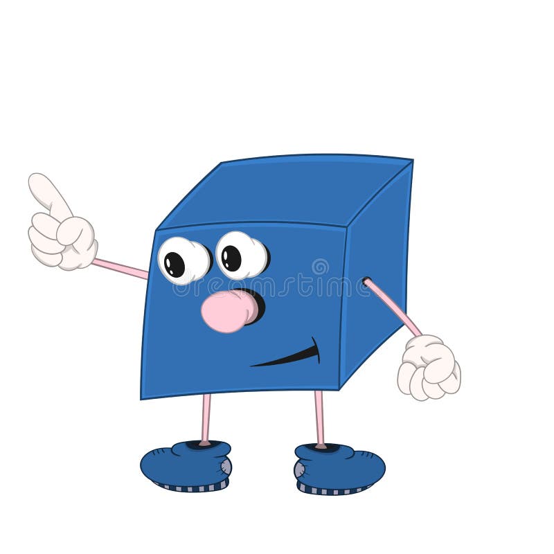 Le cube bleu en bande dessinée drôle avec des yeux, des bras et des jambes montre un doigt illustration de vecteur Le cube bleu en bande dessinée drôle avec des yeux, des bras et des jambes montre un doigt illustration de vecteur