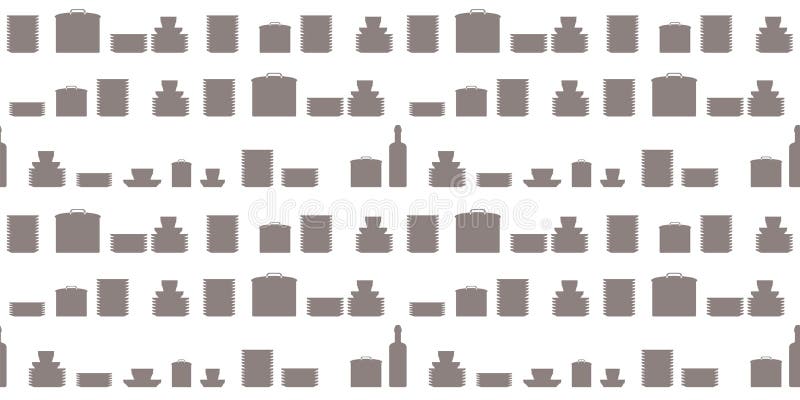 Le cuisinier gris-foncé de cookware de cocotte en terre de plats de vaisselle de frontière de formes de modèle sans couture de ve illustration stock Le cuisinier gris-foncé de cookware de cocotte en terre de plats de vaisselle de frontière de formes de modèle sans couture de ve illustration stock
