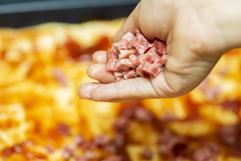 Le cuisinier prépare la pizza La main du cuisinier Faites cuire font la pizza Préparez la pizza faite maison photo libre de droits Le cuisinier prépare la pizza La main du cuisinier Faites cuire font la pizza Préparez la pizza faite maison photo libre de droits