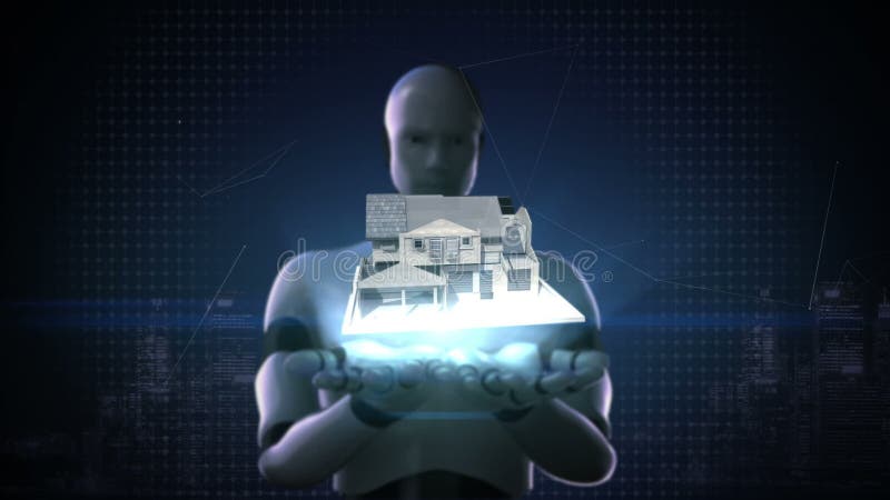 Le cyborg de robot ouvrent deux paumes, immobiliers, maison construite