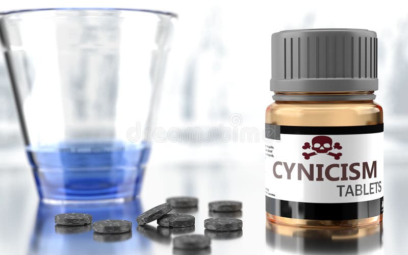 Cynicism as harmful, negative and damaging aspect of life, unhealthy poison to the soul that affects people mind and body, harms mental health, symbolized as a bad medicine, 3d illustration. Cynicism as harmful, negative and damaging aspect of life, unhealthy poison to the soul that affects people mind and body, harms mental health, symbolized as a bad medicine, 3d illustration