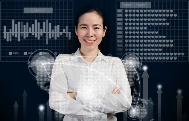 Le den asiatiska moderiktiga flickan för att korsa ens arm på faktiska affärsrapporter och grafer royaltyfria foton Le den asiatiska moderiktiga flickan för att korsa ens arm på faktiska affärsrapporter och grafer royaltyfria foton