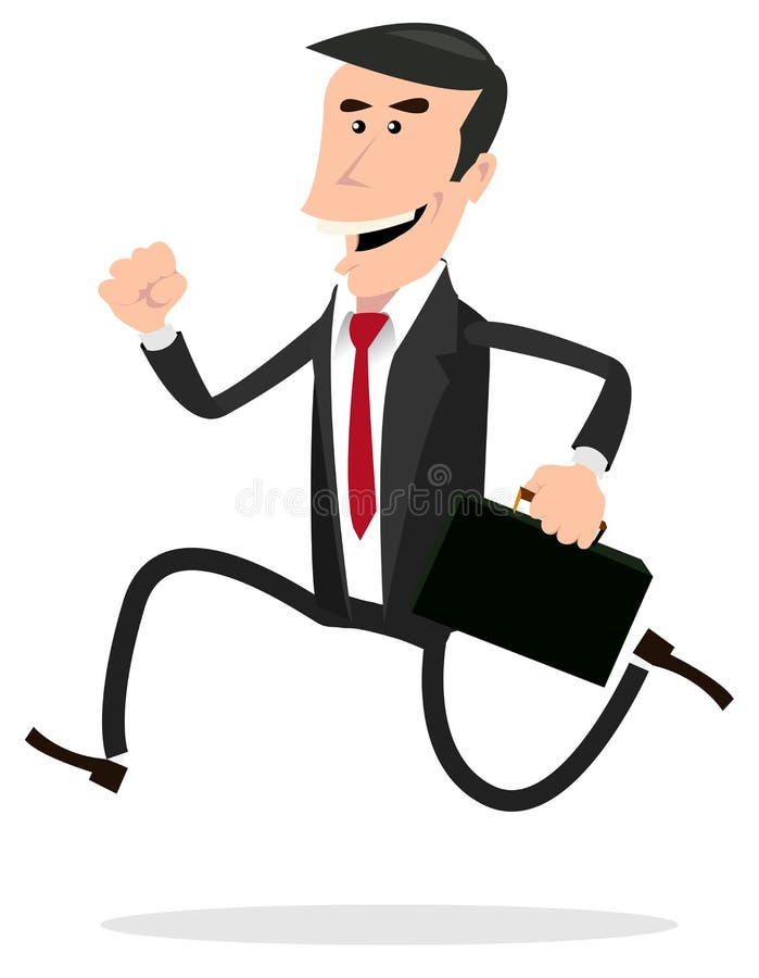 Illustration of a cartoon businessman running and holding his briefcase. Illustration of a cartoon businessman running and holding his briefcase