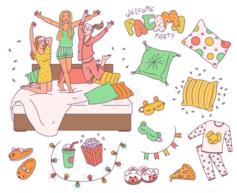 Le dessin de soirée pyjama de pyjama a placé les objets et les personnes mignons de sleepover illustration de vecteur