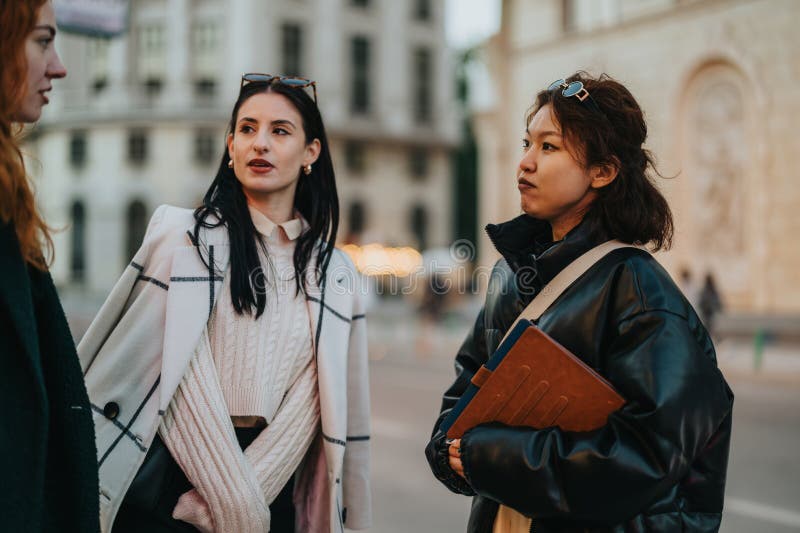 Le donne d'affari discutono progetti in un ambiente urbano all'aperto. Un gruppo di donne si scambiano idee durante una vivace discussione in strada in uno scenario urbano moderno, che abbraccia la collaborazione professionalità e lo spirito di un lavoro di squadra dinamico.