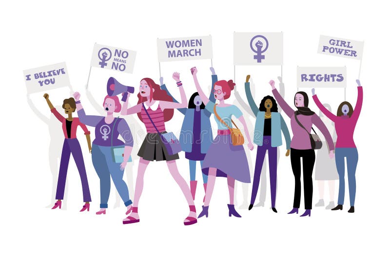 Group of women protesting and vindicating their rights holding banners and placards. Female march for rights. Woman power concept. Group of women protesting and vindicating their rights holding banners and placards. Female march for rights. Woman power concept