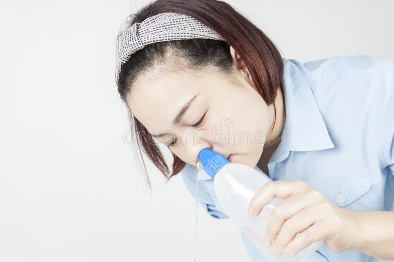 Process of Nasal clean by woman on white background. Process of Nasal clean by woman on white background