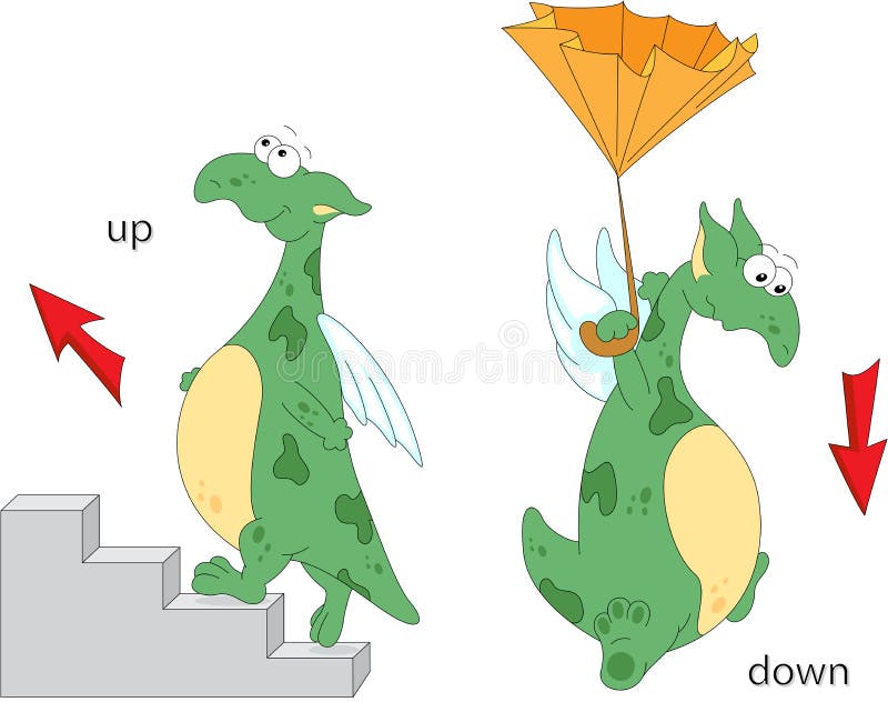 Le dragon de bande dessinée monte les escaliers et vole vers le bas avec un umbrell illustration libre de droits Le dragon de bande dessinée monte les escaliers et vole vers le bas avec un umbrell illustration libre de droits