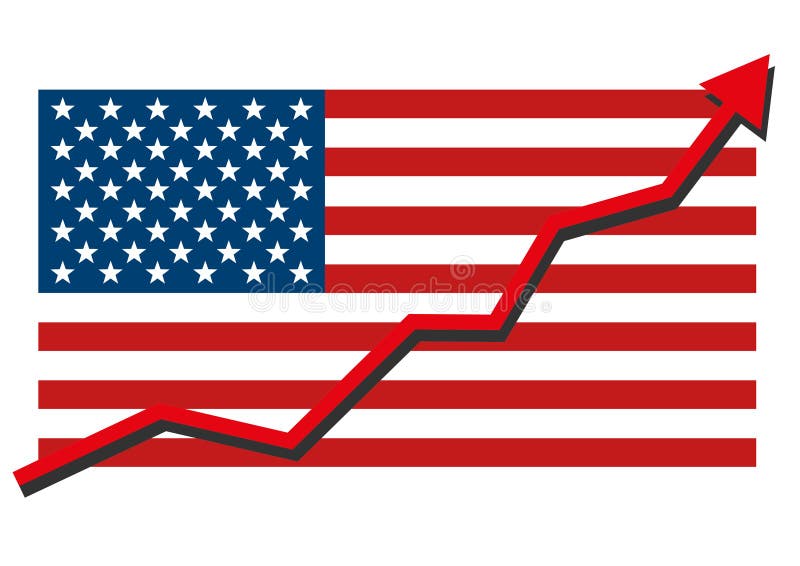 American USA flag with red arrow graph going up showing strong economy and shares rise. Profit and success. Isolated vector illustration. American USA flag with red arrow graph going up showing strong economy and shares rise. Profit and success. Isolated vector illustration.