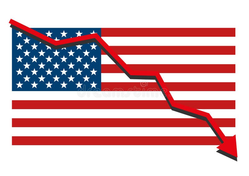 American USA flag with red arrow graph going down showing economy recession and shares fall. Isolated vector illustration. American USA flag with red arrow graph going down showing economy recession and shares fall. Isolated vector illustration.